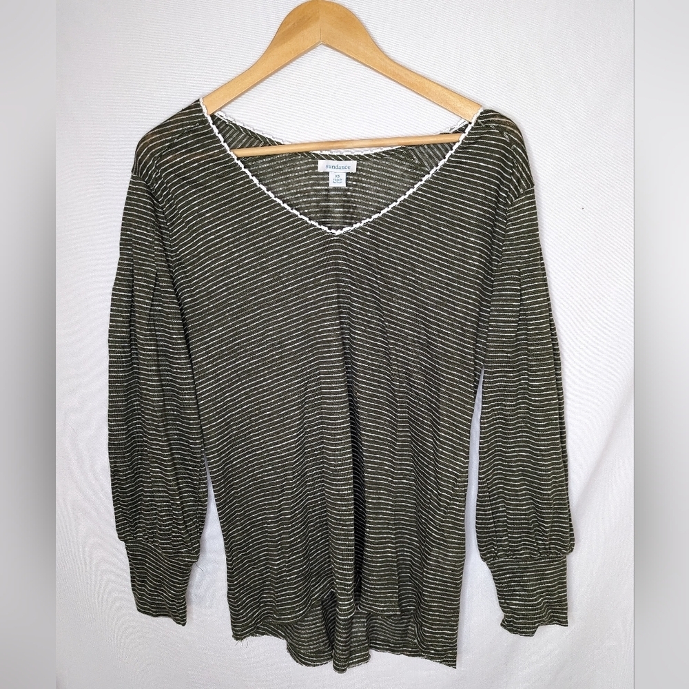 Sundance Mariner Journey Top Linen‎ Olive Green White Stripe Coastal Size XS